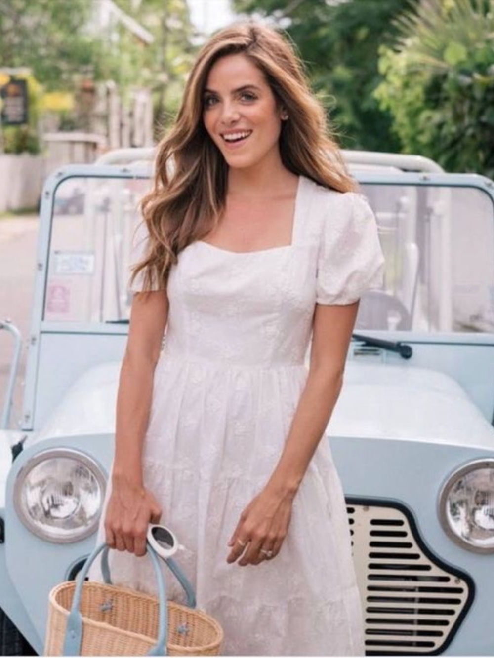 Gal Meets Glam Violetta White Eyelet Puff-Sleeve Square Neck Midi Dress
